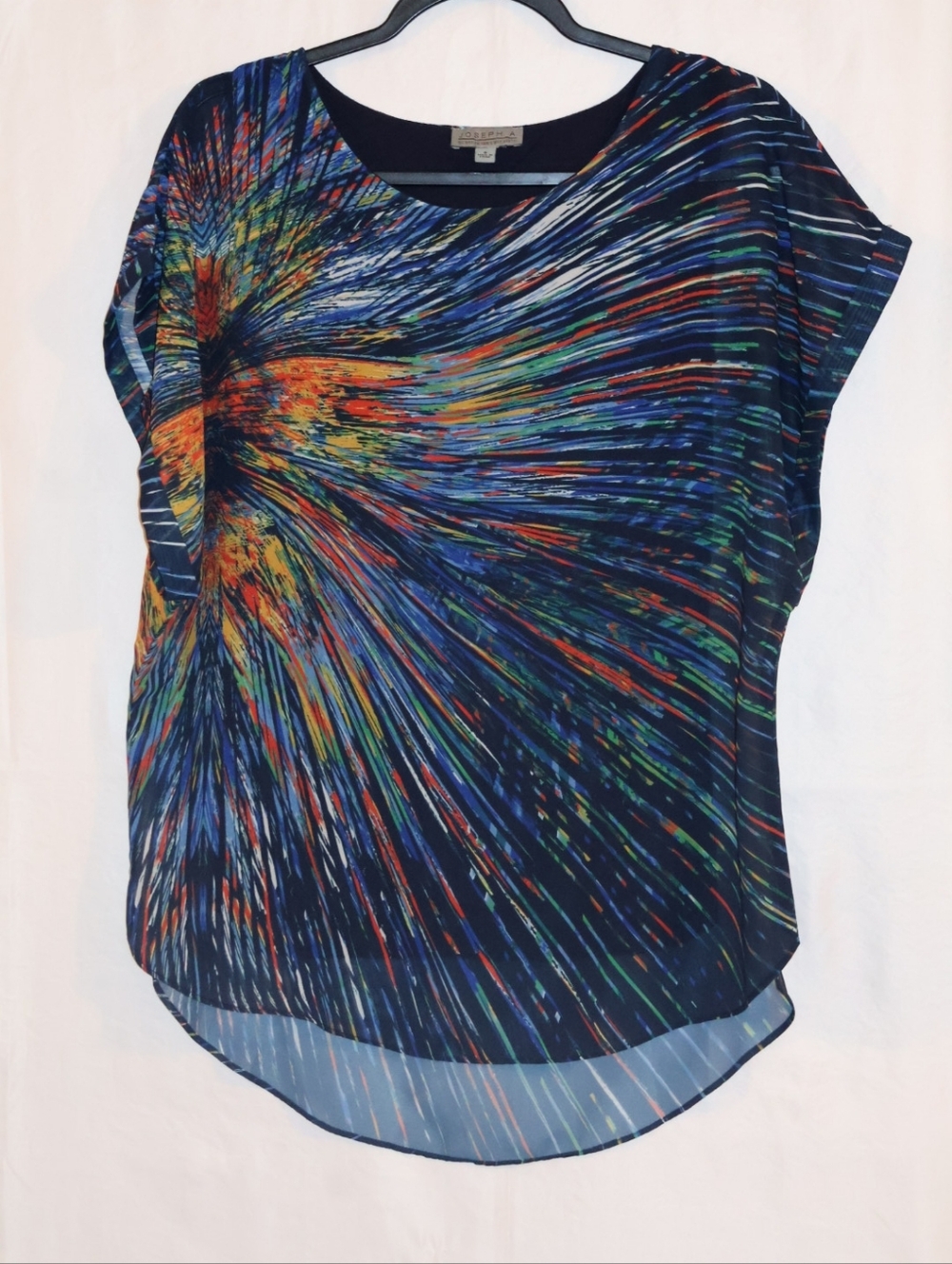 Joseph A Navy Blue Blouse With Vibrant Mutilcolored Abstract Burst Print. Small.
